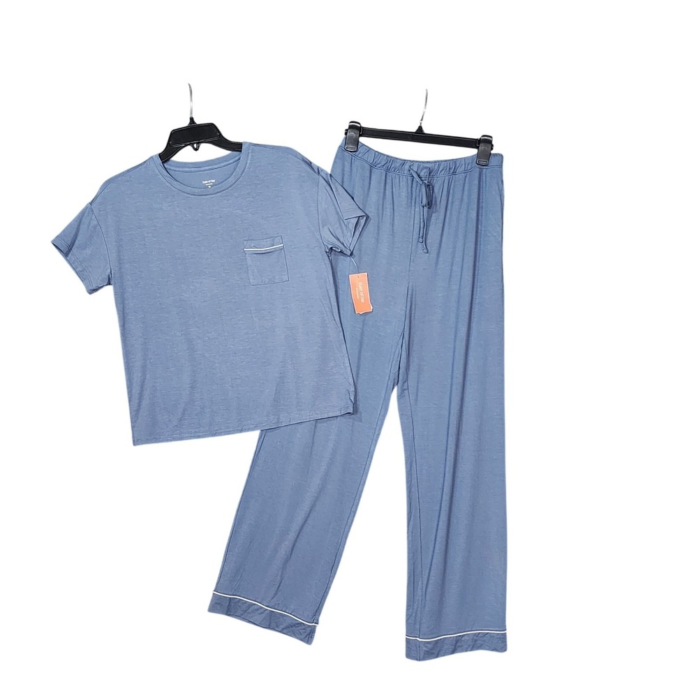 State of Day Soft Knit Pajama Set Storm Cloud Blue Short Sleeve Wide Leg XS - Picture 2 of 4